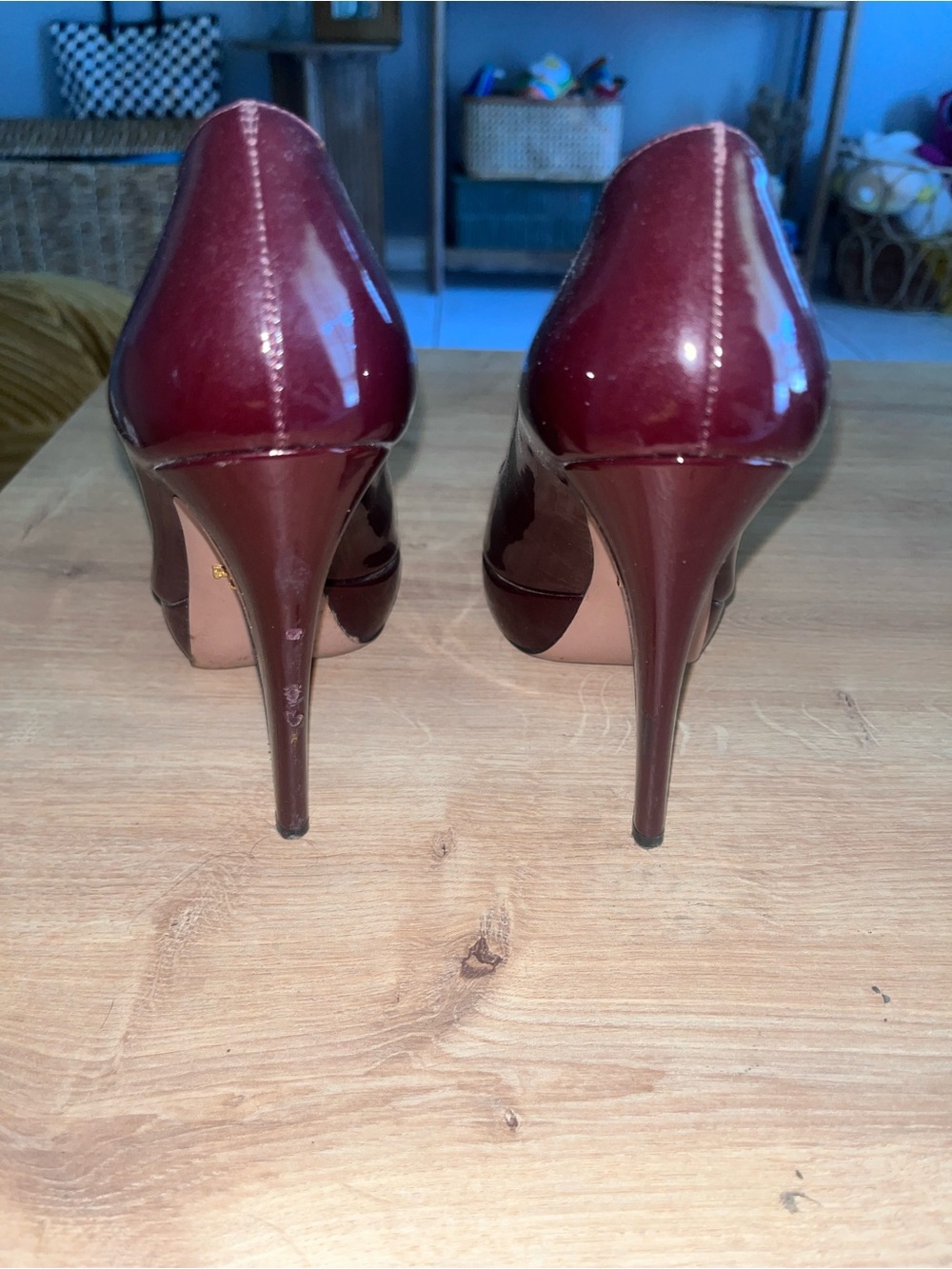 Prada Burgundy Open-Toe Patent Leather Pumps - Picture 3 of 5